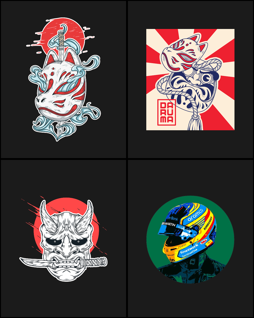 Anime style Kitsune mask sticker, Daruma charm sticker, Oni Mask sticker, F1 driver sticker.