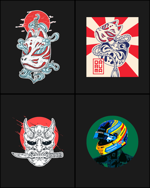 Anime style Kitsune mask sticker, Daruma charm sticker, Oni Mask sticker, F1 driver sticker.