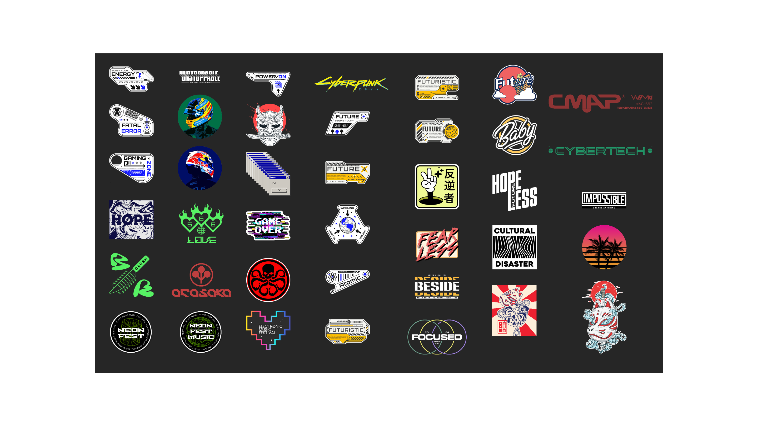 Collection of all included stickers in the Cyberpunk sticker pack.