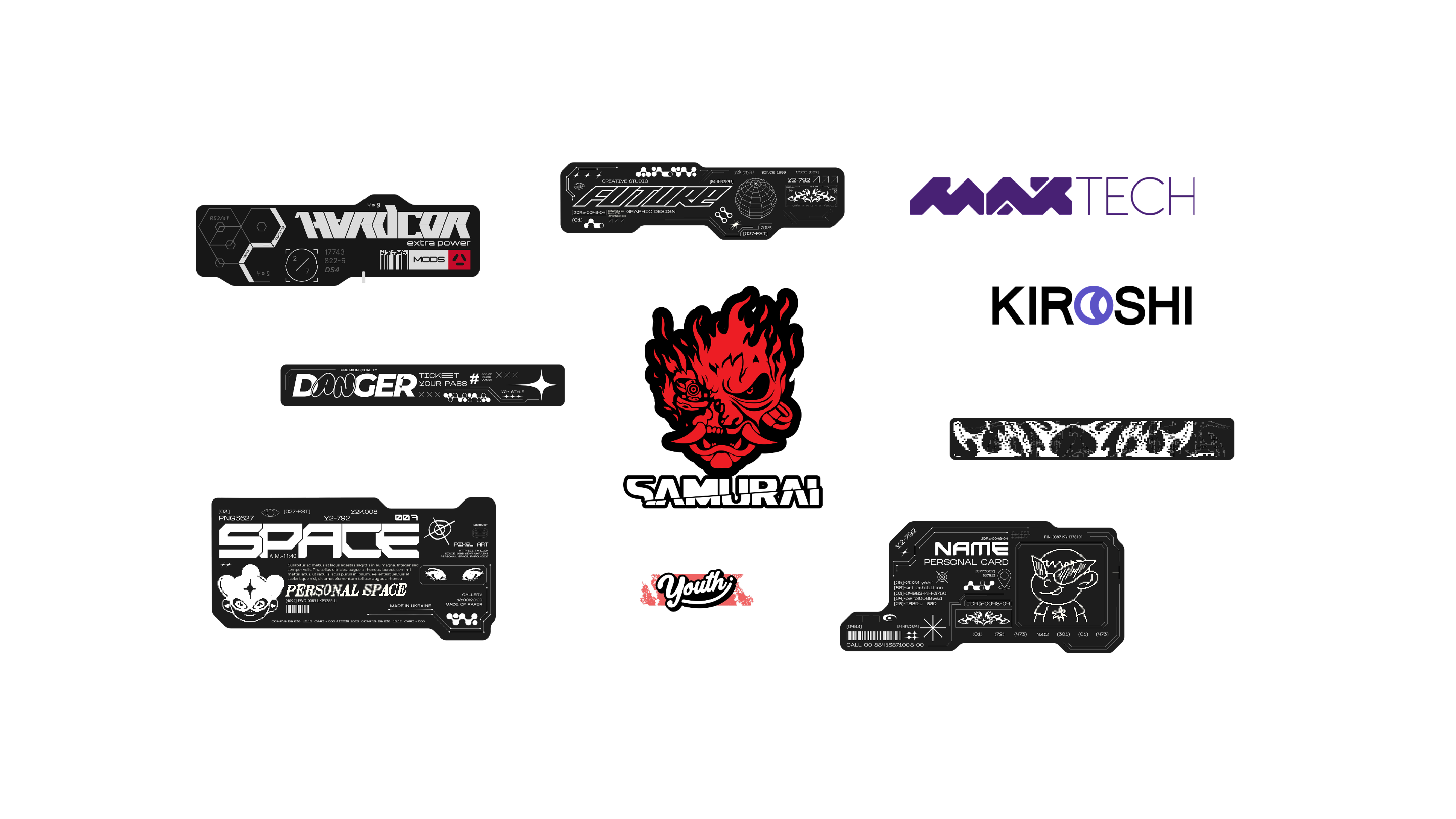 Various cyberpunk themed stickers on a white background.