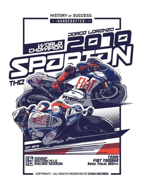 Poster of Jorge Lorenzo from 2016 with a motorcycle, featuring text about his world championship and racing team.