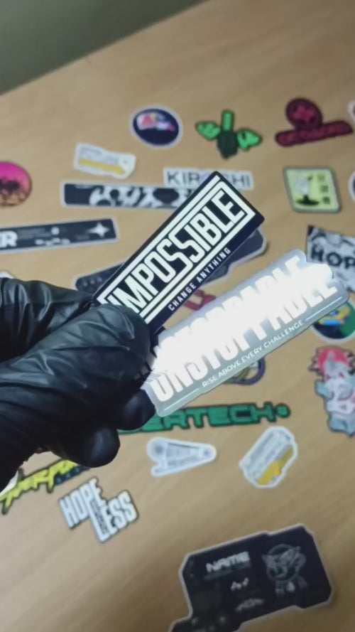 Cyberpunk themed sticker showcase, Impossible sticker, Unstoppable sticker, Error window sticker, Hope sticker, Love sticker, Future sticker, Kitsune mask sticker, Oni mask sticker, youth sticker, Focused sticker, Fearless sticker, Neon music fest sticker, Sunset sticker